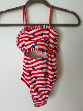 Cat & Jack Red and Blue Star Stripe One-Piece Swimsuit kids girl size s (6-7)
